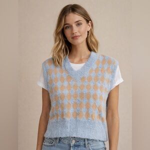 Yet Again Blue and Tan Fuzzy Argyle Sweater Vest